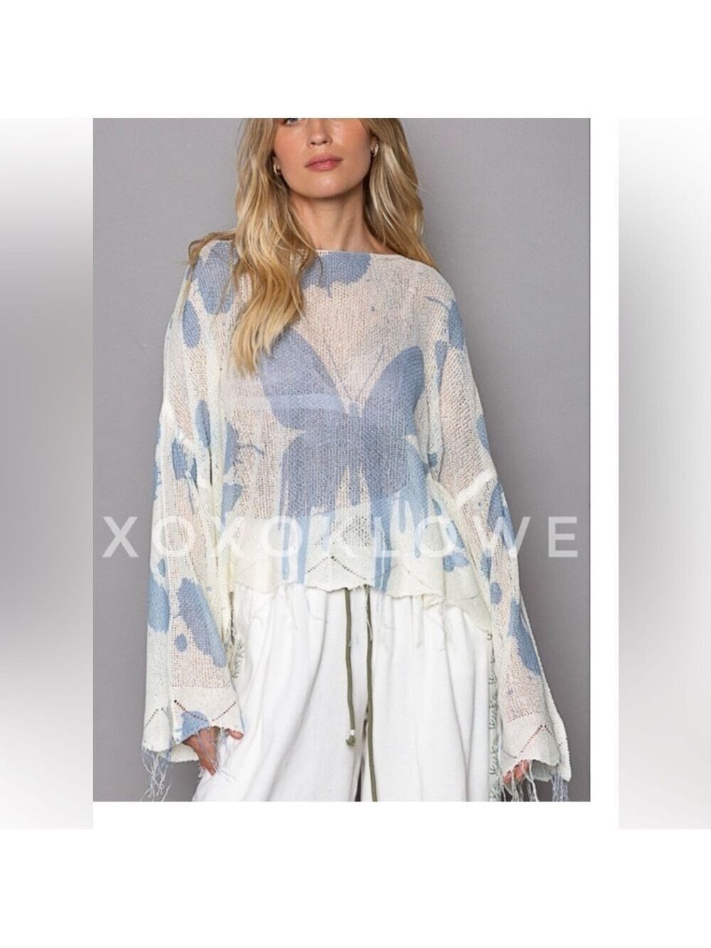 POL Retro Butterfly Lightweight Sweater Off White & Blue Sz Small